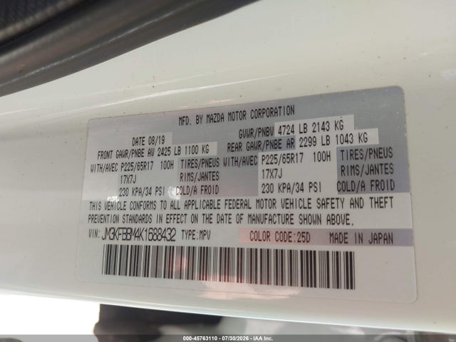 45763110 :رقم المزاد ، JM3KFBBM4K1688432 vin ، 2019 Mazda Cx-5 Sport مزاد بيع