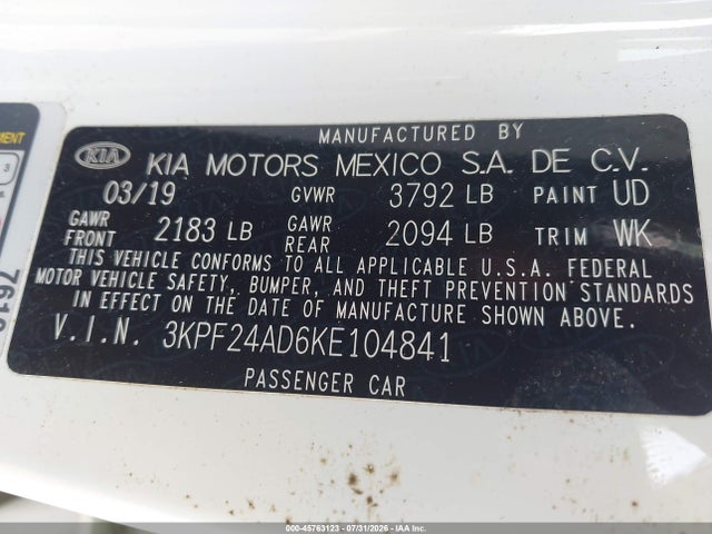 Aukcja sprzedaży 2019 Kia Forte Lxs, vin: 3KPF24AD6KE104841, numer aukcji: 45763123