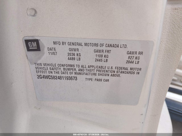 2008 Buick Lacrosse Cx მანქანა იყიდება აუქციონზე, vin: 2G4WC582481193673, აუქციონის ნომერი: 45763124