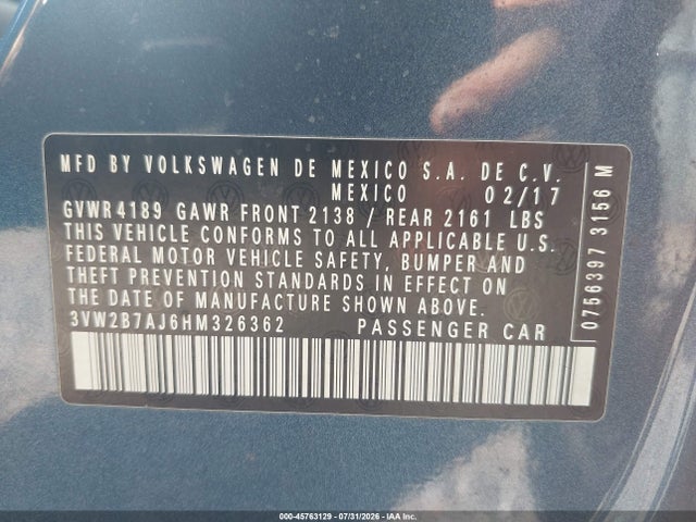 2017 Volkswagen Jetta 1.4t S მანქანა იყიდება აუქციონზე, vin: 3VW2B7AJ6HM326362, აუქციონის ნომერი: 45763129