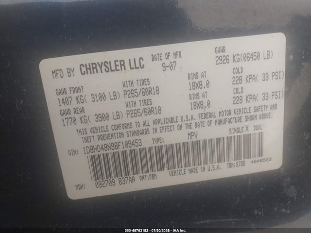 45763153 :رقم المزاد ، 1D8HD48N98F109453 vin ، 2008 Dodge Durango Slt مزاد بيع