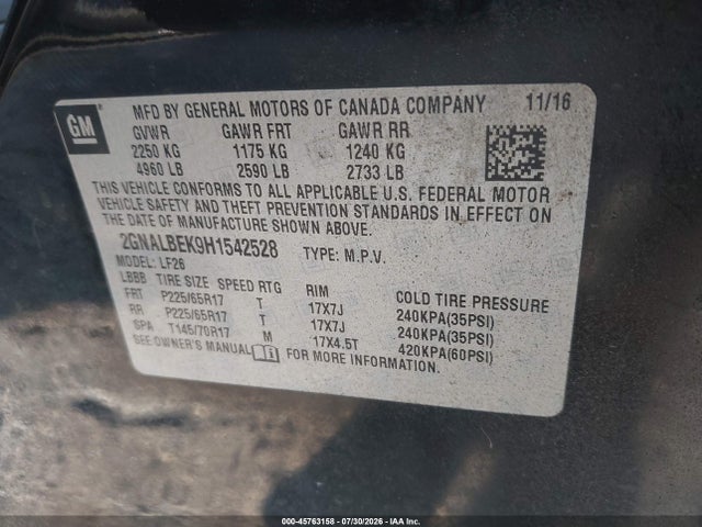 Продаж на аукціоні авто 2017 Chevrolet Equinox Ls, vin: 2GNALBEK9H1542528, номер лоту: 45763158