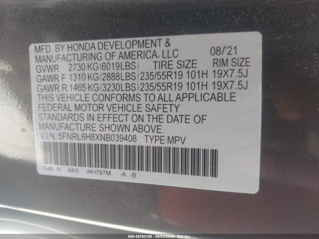 45763165 :رقم المزاد ، 5FNRL6H8XNB039408 vin ، 2022 Honda Odyssey Touring مزاد بيع