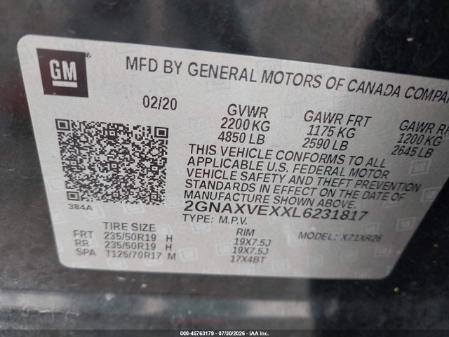 Aukcja sprzedaży 2020 Chevrolet Equinox Awd Lt 2.0l Turbo, vin: 2GNAXVEXXL6231817, numer aukcji: 45763179