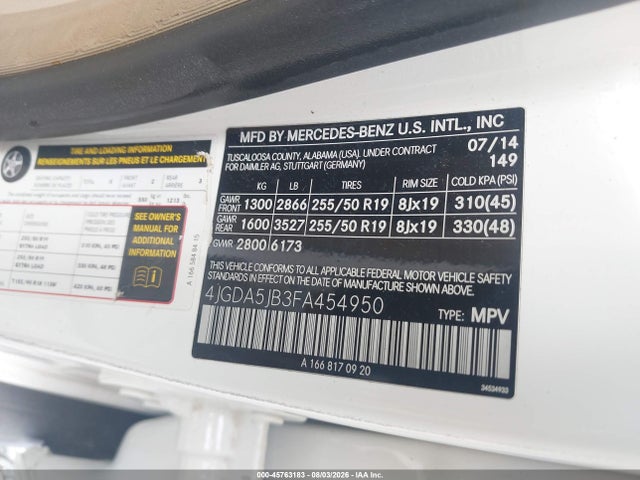 Aukcja sprzedaży 2015 Mercedes-benz Ml 350, vin: 4JGDA5JB3FA454950, numer aukcji: 45763183