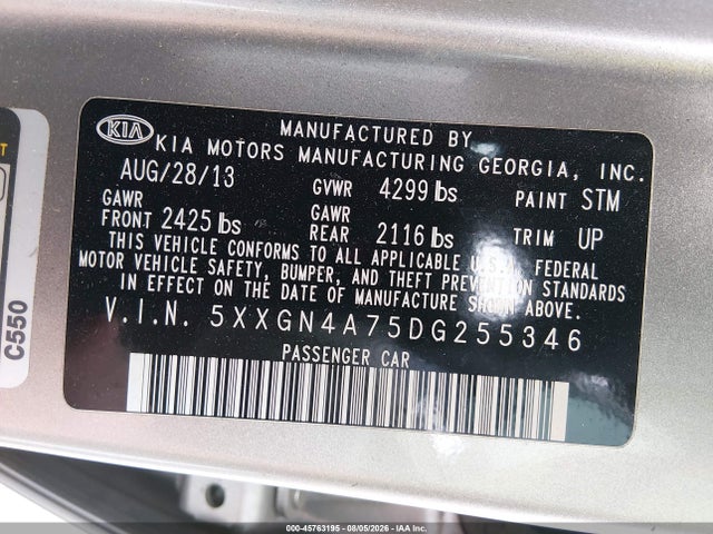 Продажа на аукционе авто 2013 Kia Optima Ex, vin: 5XXGN4A75DG255346, номер лота: 45763195