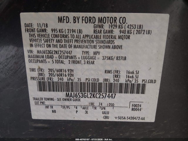 Auction sale of the 2019 Ford Ecosport Se, vin: MAJ6S3GL2KC257447, lot number: 45763197