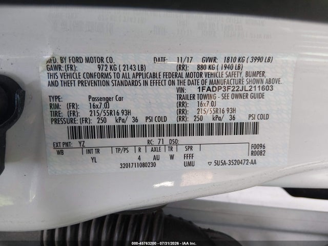 1FADP3F22JL211603 Ford FOCUS SE