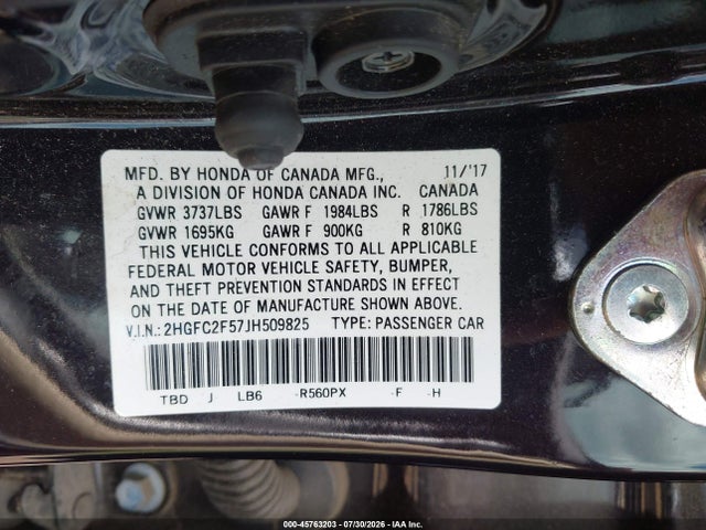 45763203 :رقم المزاد ، 2HGFC2F57JH509825 vin ، 2018 Honda Civic Lx مزاد بيع