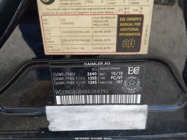 45763204 :رقم المزاد ، WDDNG8GBXBA368292 vin ، 2011 Mercedes-benz S 550 4matic مزاد بيع