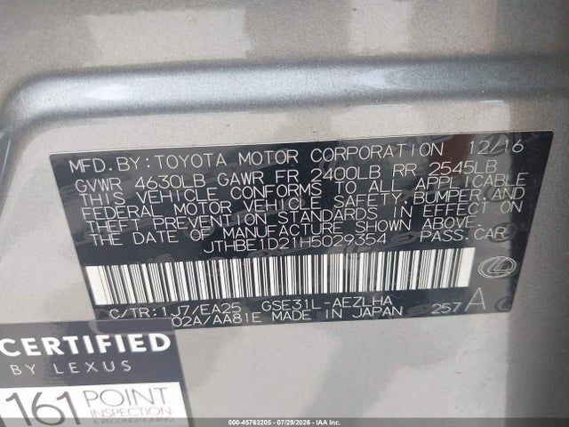 45763205 :رقم المزاد ، JTHBE1D21H5029354 vin ، 2017 Lexus Is 350 مزاد بيع