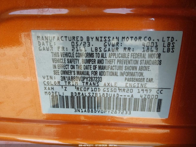 Aukcja sprzedaży 2023 Nissan Sentra Sr Xtronic Cvt, vin: 3N1AB8DV0PY287233, numer aukcji: 45763211