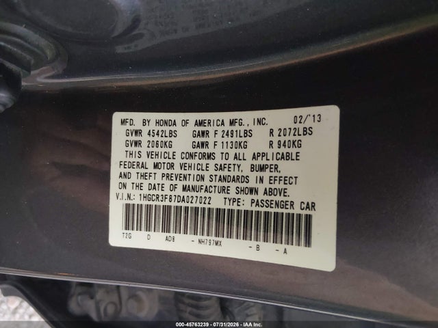2013 Honda Accord Ex-l V-6 მანქანა იყიდება აუქციონზე, vin: 1HGCR3F87DA027022, აუქციონის ნომერი: 45763239