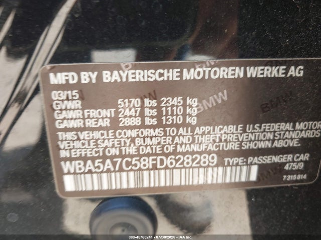 45763241 :رقم المزاد ، WBA5A7C58FD628289 vin ، 2015 Bmw 528i Xdrive مزاد بيع