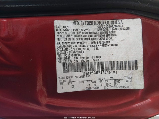 45763253 :رقم المزاد ، 1FAFP53U71A246191 vin ، 2001 Ford Taurus Se مزاد بيع