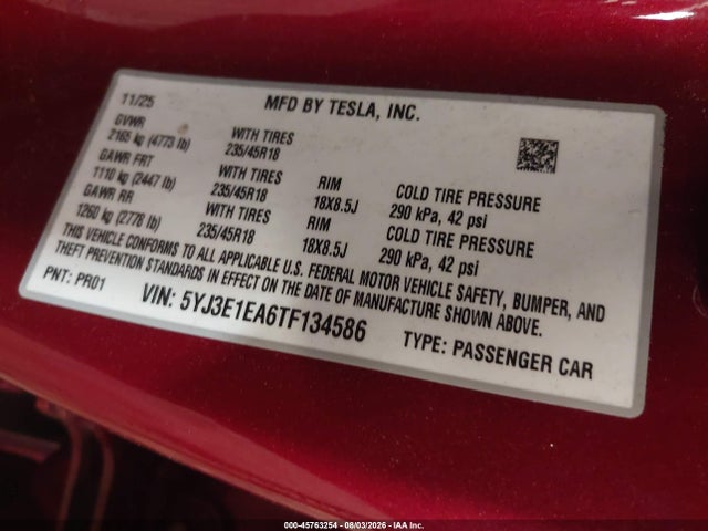 45763254 :رقم المزاد ، 5YJ3E1EA6TF134586 vin ، 2026 Tesla Model 3 مزاد بيع