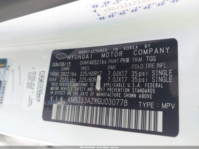 Aukcja sprzedaży 2016 Hyundai Tucson Eco, vin: KM8J33A2XGU030778, numer aukcji: 45763256