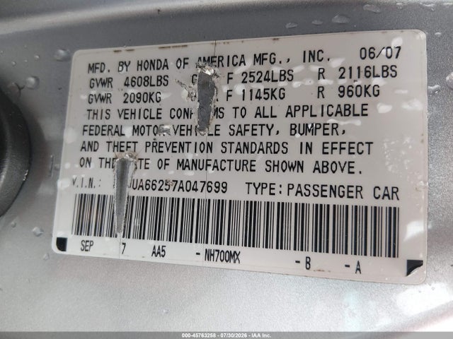 Aukcja sprzedaży 2007 Acura Tl 3.2, vin: 19UUA66257A047699, numer aukcji: 45763258