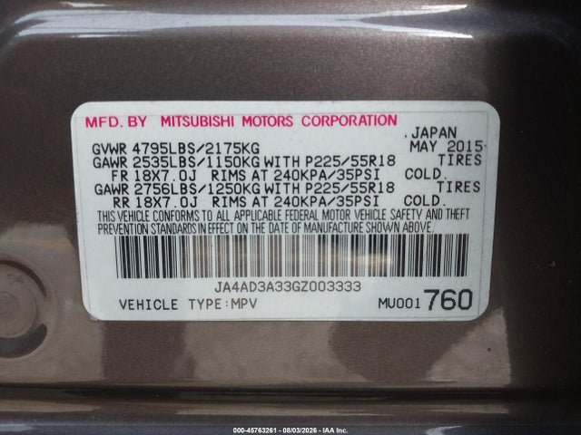 45763261 :رقم المزاد ، JA4AD3A33GZ003333 vin ، 2016 Mitsubishi Outlander Se مزاد بيع