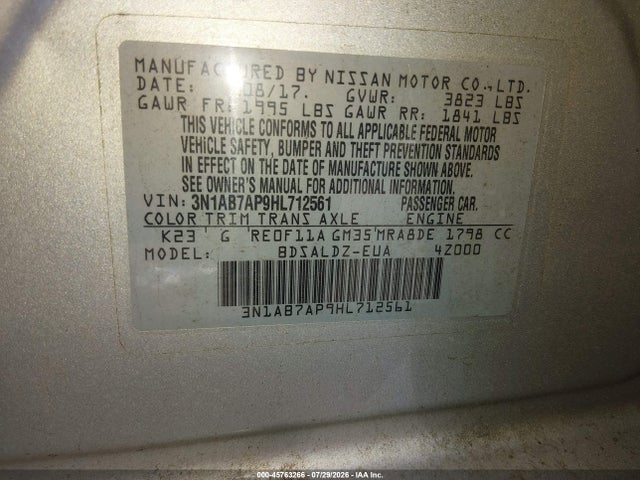 Aukcja sprzedaży 2017 Nissan Sentra Sv, vin: 3N1AB7AP9HL712561, numer aukcji: 45763266