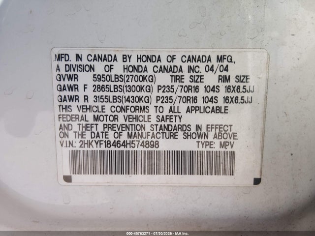 Продажа на аукционе авто 2004 Honda Pilot Ex, vin: 2HKYF18464H574898, номер лота: 45763271