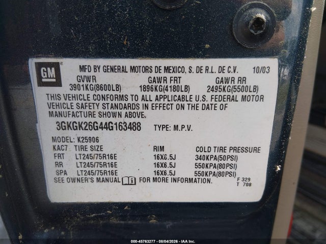 45763277 :رقم المزاد ، 3GKGK26G44G163488 vin ، 2004 Gmc Yukon Xl 2500 Slt مزاد بيع
