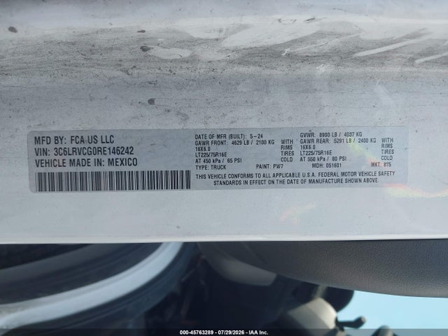 Продажа на аукционе авто 2024 Ram Promaster 2500 Tradesman High Roof 136 Wb W/pass Seat, vin: 3C6LRVCG0RE146242, номер лота: 45763289