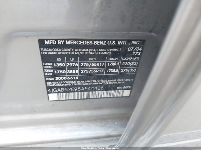 Продаж на аукціоні авто 2005 Mercedes-benz Ml 350 4matic, vin: 4JGAB57E95A544426, номер лоту: 45763292