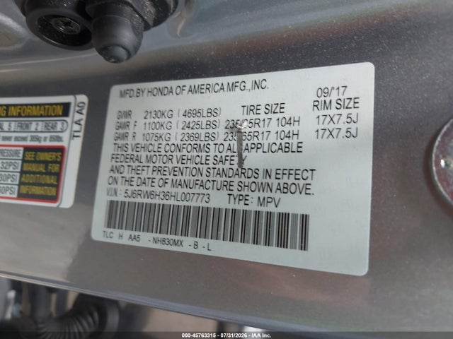 Продажа на аукционе авто 2017 Honda Cr-v Lx, vin: 5J6RW6H36HL007773, номер лота: 45763315