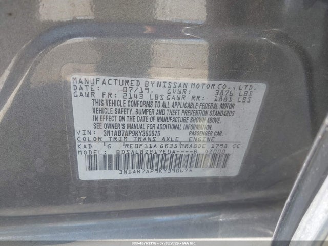 Aukcja sprzedaży 2019 Nissan Sentra S, vin: 3N1AB7AP9KY390675, numer aukcji: 45763316