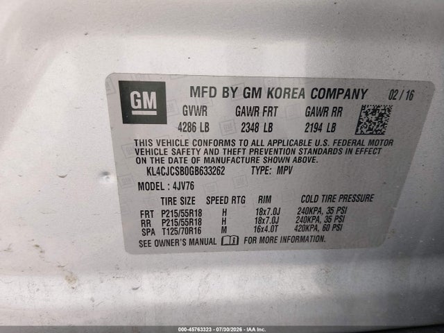 Aukcja sprzedaży 2016 Buick Encore Leather, vin: KL4CJCSB0GB633262, numer aukcji: 45763323
