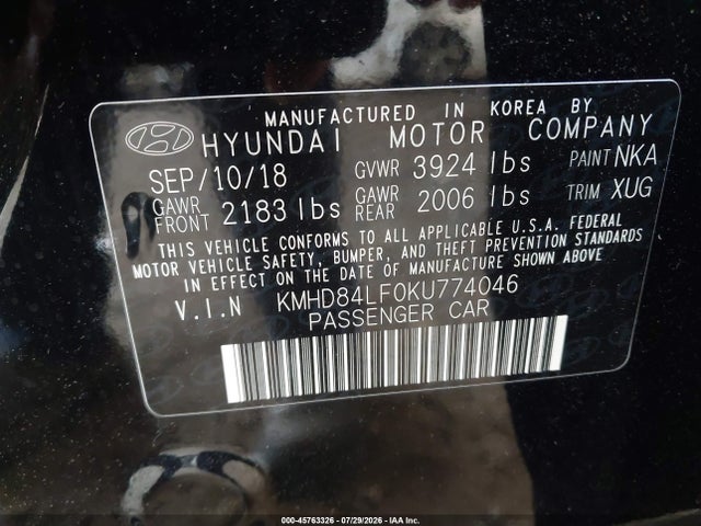 Продаж на аукціоні авто 2019 Hyundai Elantra Value Edition, vin: KMHD84LF0KU774046, номер лоту: 45763326