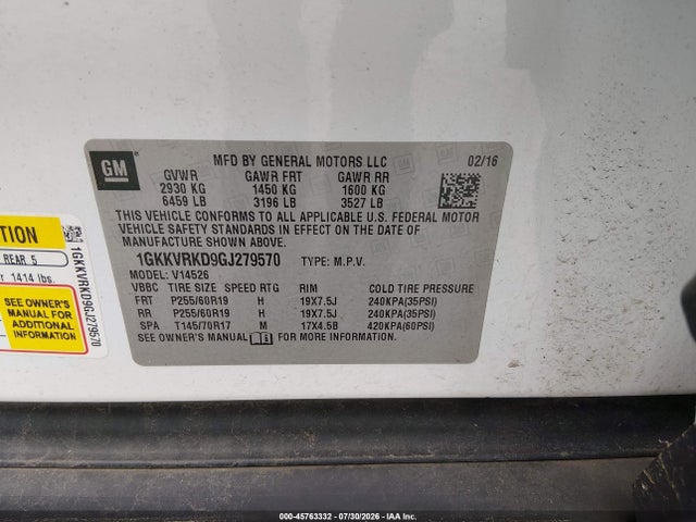 Aukcja sprzedaży 2016 Gmc Acadia Slt-1, vin: 1GKKVRKD9GJ279570, numer aukcji: 45763332