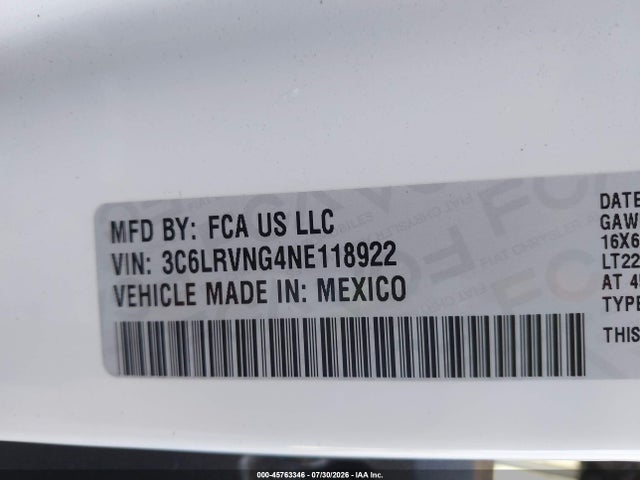 Продаж на аукціоні авто 2022 Ram Promaster 1500 Low Roof 118 Wb, vin: 3C6LRVNG4NE118922, номер лоту: 45763346