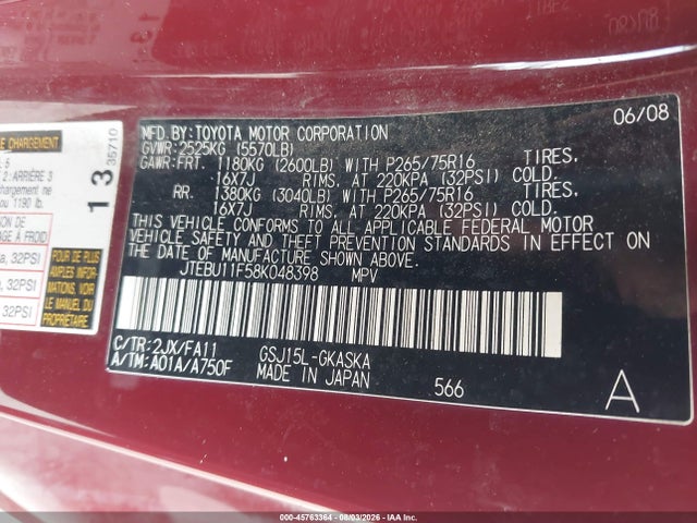 Aukcja sprzedaży 2008 Toyota Fj Cruiser, vin: JTEBU11F58K048398, numer aukcji: 45763364