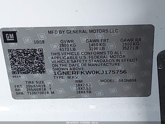 45763370 :رقم المزاد ، 1GNERFKW0KJ175756 vin ، 2019 Chevrolet Traverse Ls مزاد بيع