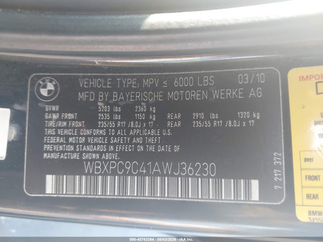 Продаж на аукціоні авто 2010 Bmw X3 Xdrive30i, vin: WBXPC9C41AWJ36230, номер лоту: 45763394