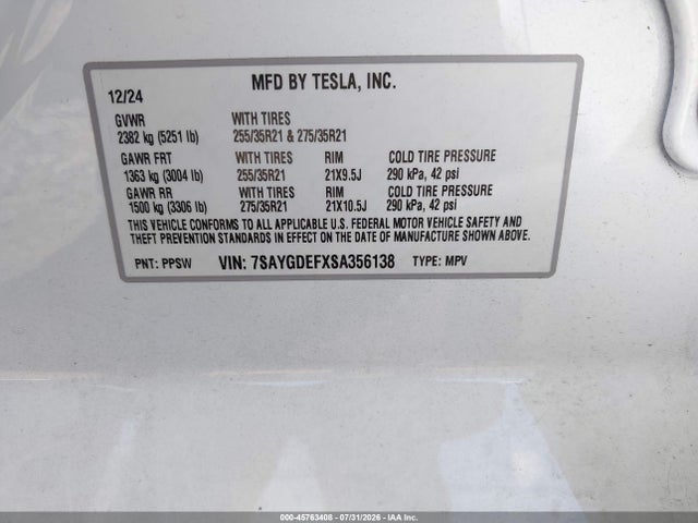 Продаж на аукціоні авто 2025 Tesla Model Y Performance Dual Motor All-wheel Drive, vin: 7SAYGDEFXSA356138, номер лоту: 45763408