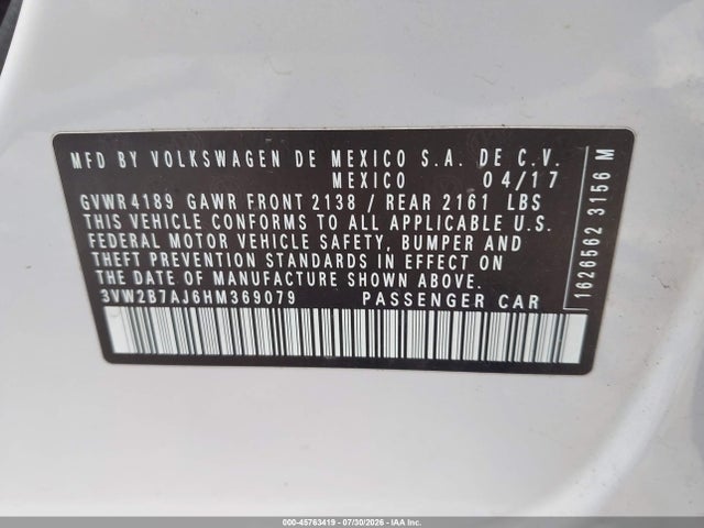 Продаж на аукціоні авто 2017 Volkswagen Jetta 1.4t S, vin: 3VW2B7AJ6HM369079, номер лоту: 45763419