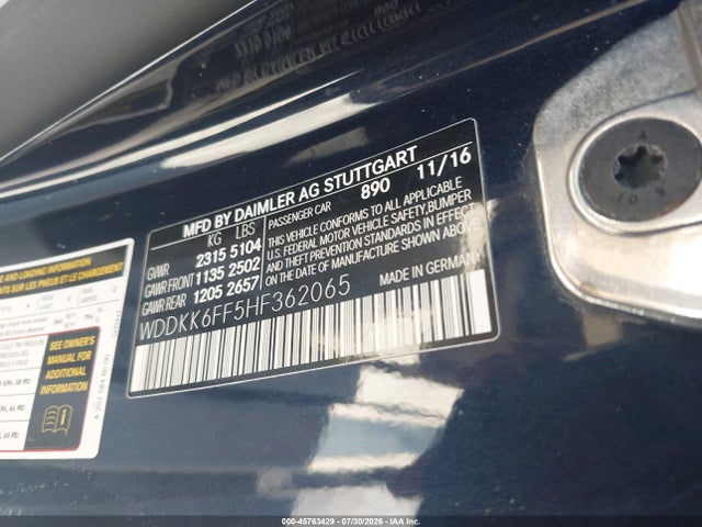 45763429 :رقم المزاد ، WDDKK6FF5HF362065 vin ، 2017 Mercedes-benz E 400 مزاد بيع
