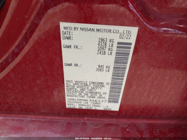 1N4BL4DVXNN346537 Nissan Altima Sv Fwd