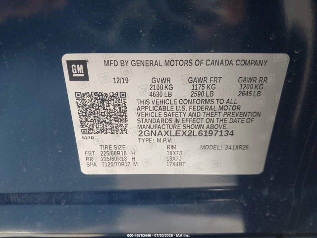 45763446 :رقم المزاد ، 2GNAXLEX2L6197134 vin ، 2020 Chevrolet Equinox Fwd Lt 2.0l Turbo مزاد بيع