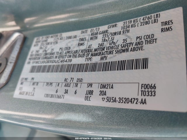 45763479 :رقم المزاد ، 1FMCU0G9XDUC46439 vin ، 2013 Ford Escape Se مزاد بيع