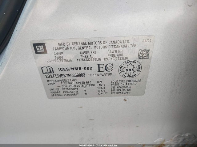 Aukcja sprzedaży 2014 Gmc Terrain Sle-2, vin: 2GKFLWEK7E6369083, numer aukcji: 45763485
