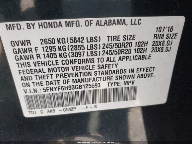 Honda Pilot Touring 2016 5FNYF6H93GB125593 Image 9