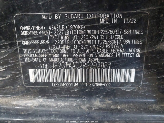 45763502 :رقم المزاد ، JF2GTAAC2P9292987 vin ، 2023 Subaru Crosstrek مزاد بيع