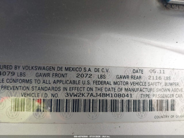 Aukcja sprzedaży 2011 Volkswagen Jetta 2.0l S, vin: 3VW2K7AJ4BM108041, numer aukcji: 45763508