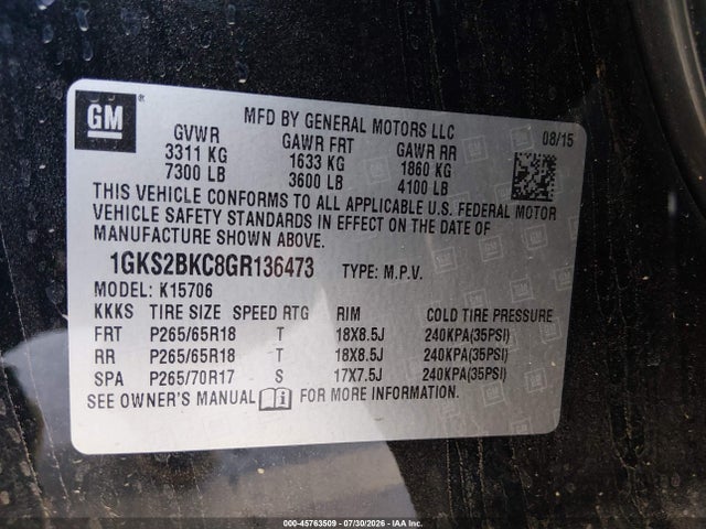 GMC YUKON SLT 2016 1GKS2BKC8GR136473 Image 9
