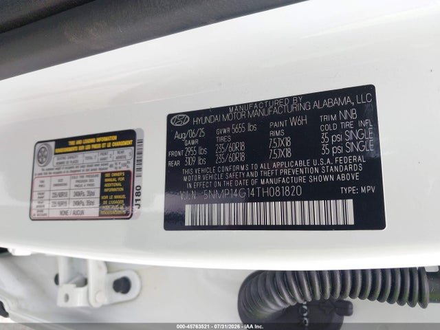 2026 Hyundai Santa Fe Hybrid Se მანქანა იყიდება აუქციონზე, vin: 5NMP14G14TH081820, აუქციონის ნომერი: 45763521