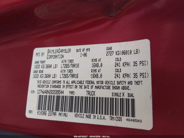 45763527 :رقم المزاد ، 1D7HW48N26S599544 vin ، 2006 Dodge Dakota Slt مزاد بيع